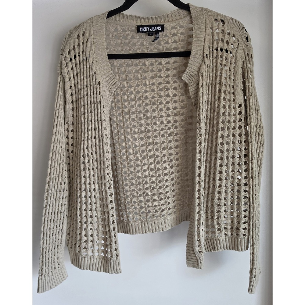 DKNY Jeans Cardigan Women M Beige Cotton Long Sleeve Knit Sweater Wrap